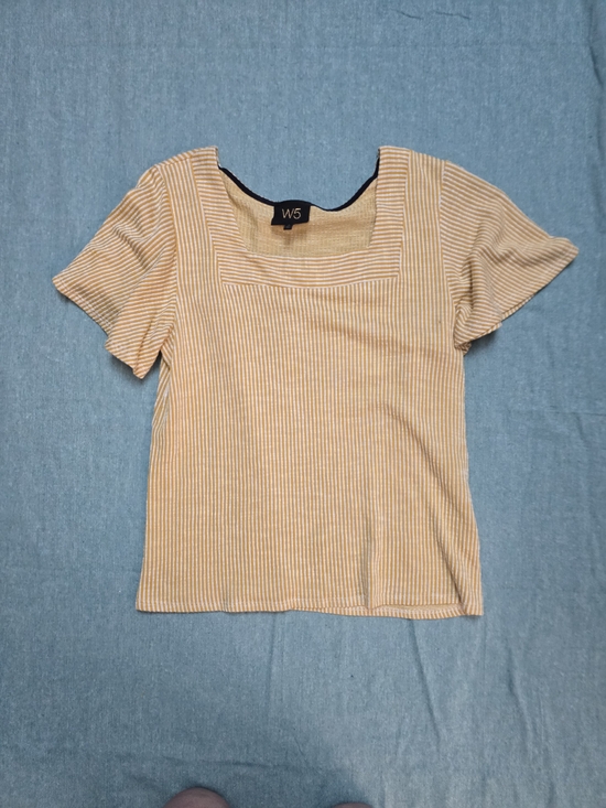 W5 Tops - W5 Yellow and White Striped Square Neck Short Sleeve Top